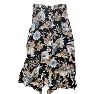 Vintage 1990s button-front black floral midiskirt